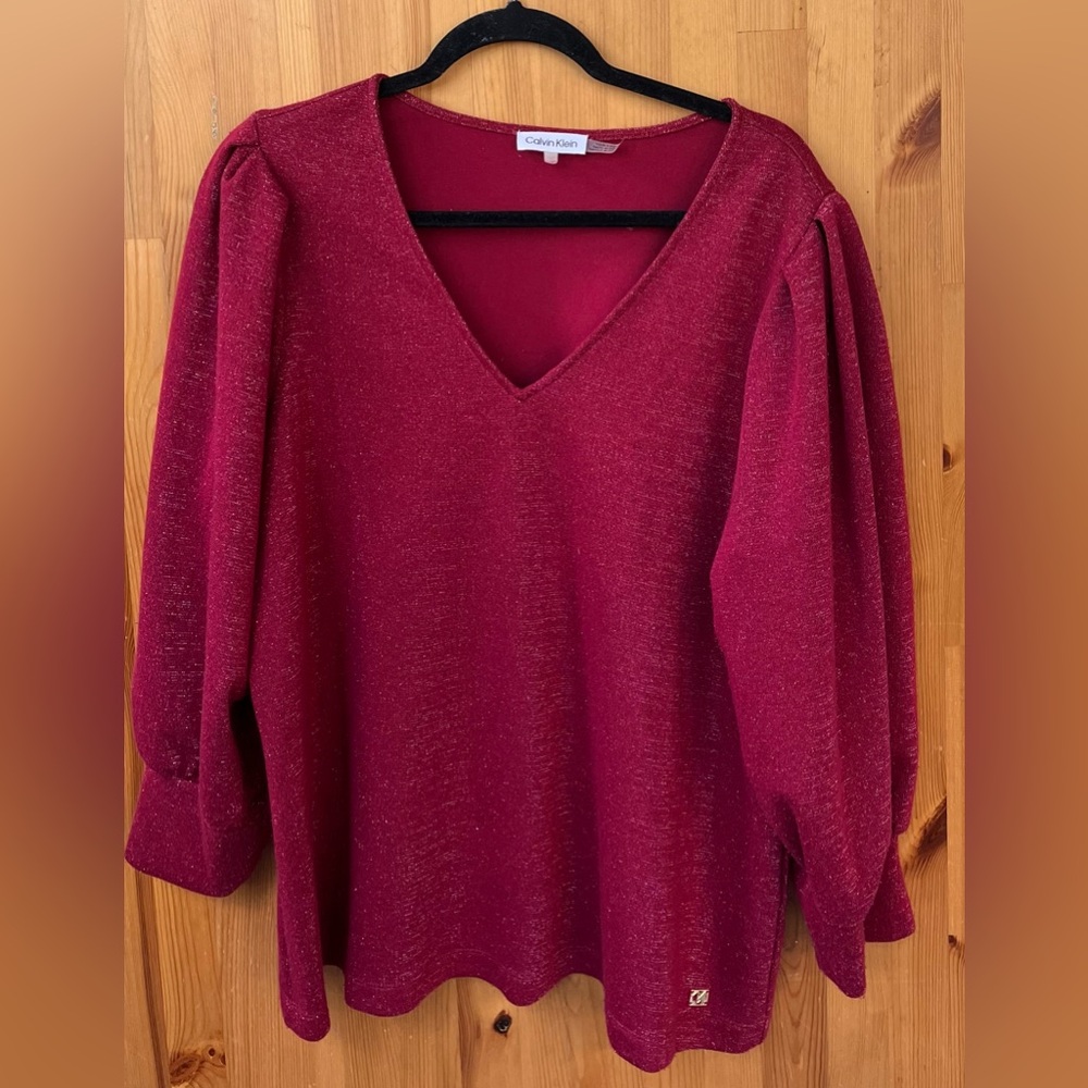 Calvin Klein Women's Red Balloon Long Sleeve V-Neck Sweater - Size 0X